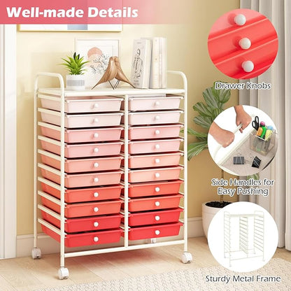 Happygrill 20-Drawer Organizer Cart Tools, Mobile Utility Storage Cart with Removable Drawers & Lockable Wheels, Rolling Storage Cart with wheels for Home Office School(Gradient Pink)