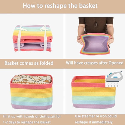 3-Pack Rainbow Storage Baskets 15X10X9.3“ – Woven Toy Organizer Bins for Kids, Baby Room, Nursery, and Classroom – Cute Square Rope Baskets for Shelves and Organization Rainbow
