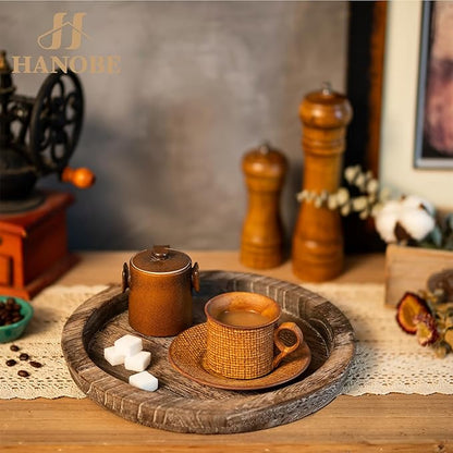 Hanobe Wooden Tray for Coffee Table: Candle Holder Plate Round Decorative Serving Tray - Vintage Table Centerpiece Rustic Farmhouse Home Decor