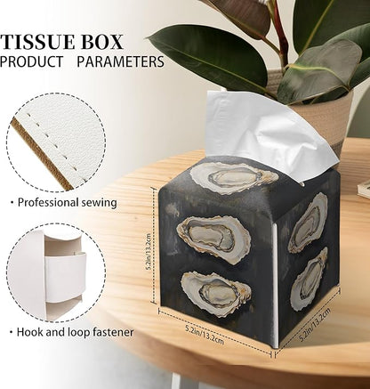 Grace Yonks Modern Tissue Box Cover Square - Painted Oyster Trio Design 5.2" PU Leather Holder for Vanity, Desk, or Bathroom Counter - Cube Case for Facial Tissues. (113)