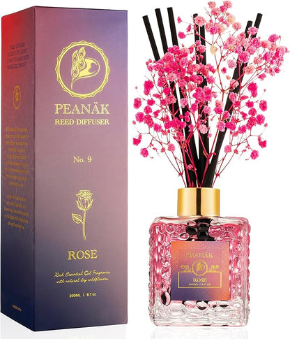 PEANÄK Reed Diffuser Set - Rose Honey Fragrance 6.7oz (200 ml) - Real Preserved Flowers & 8 Reed Sticks for Bathroom Shelf Decor Home Diffuser & Office Scent with Long Lasting Gift Scent