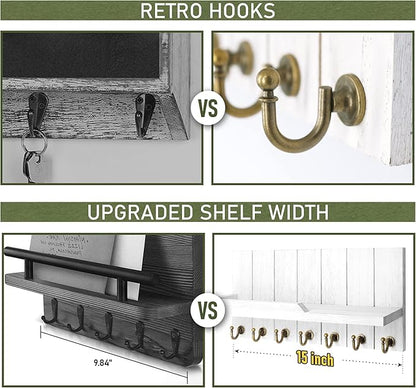 Rebee Vision Decorative Key and Mail Holder for Wall - Farmhouse 15 Inches Floating Shelf with 7 Sturdy Key Hooks for Home Entryway Wall Decor - Rustic Key Racks (White,15-inch)