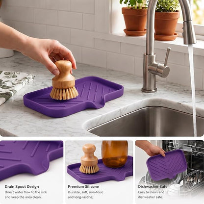 MicoYang Silicone Soap Dish with Drain Spout — Self-Draining Sink Organizer Tray for Bathroom & Kitchen, Sponges, Dispensers & Soap Holder, Non-Slip & Dishwasher Safe, Purple (Medium, 9.6"×5.3")