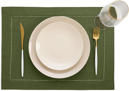 Solino Home Linen Cloth Placemats Set of 4-100% Pure Linen Hemstitch Olive Placemats 14 x 19 Inch - Classic Hemstitch Table Place Mats