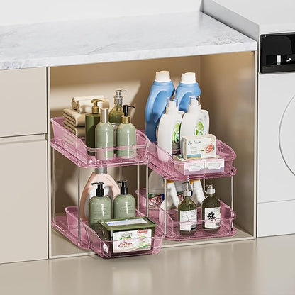 Delamu 2-Tier Under Sink Organizers and Storage, Multi-Purpose Stackable Bathroom Cabinet organizers, Pull Out Kitchen Pantry Organization and Storage with Dividers(2 Pack, Pink)