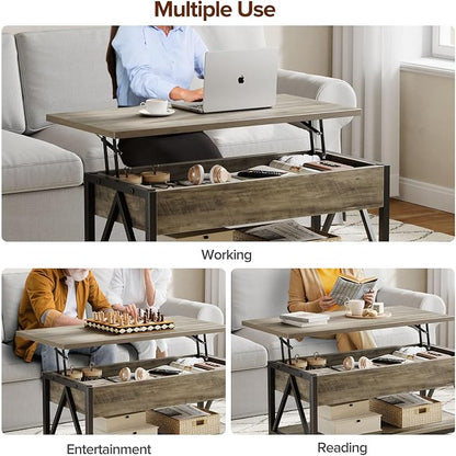Memobarco Lift Top Coffee Table,Lift Coffee Table with Storage Shelf and Large Hidden Compartment for Living Room,Lifting top Coffee Tables for Small Space,Grey