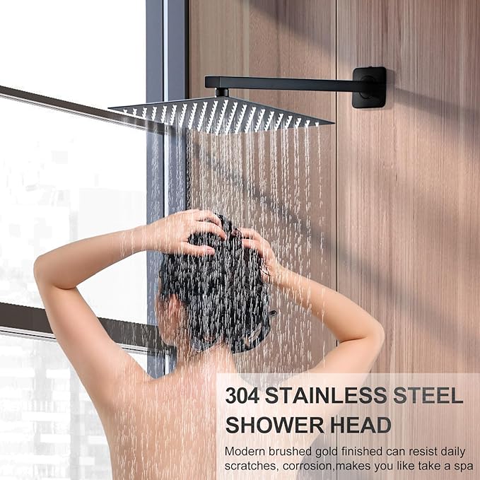 SaniteModar Black Shower Head System 8 Inch Square Rainfall Shower Head with Handheld Shower Vaval and Trim Kit Wall Mounted Shower Faucet Set, Matte Black Shower Head