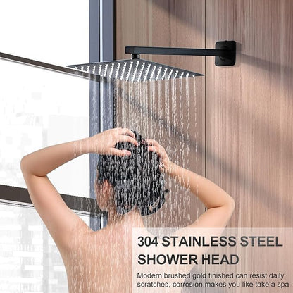 SaniteModar Black Shower Head System 8 Inch Square Rainfall Shower Head with Handheld Shower Vaval and Trim Kit Wall Mounted Shower Faucet Set, Matte Black Shower Head