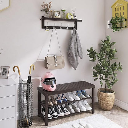 SMIBUY Coat Hooks with Shelf Wall-Mounted, 29.2 Inch Entryway Coat Rack for Wall, Bamboo Hanging Shelf with 5 Double Metal Hooks for Bathroom, Bedroom, Kitchen, Living Room, Mudroom (Dark Brown)
