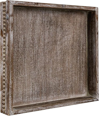 Wooden Decorative Tray, Small Serving Tray with Wood Bead, Farmhouse Big Tray for Ottoman, Countertop, Coffee Tabl, 13" x 13"x 1.6" (Retro Brown)