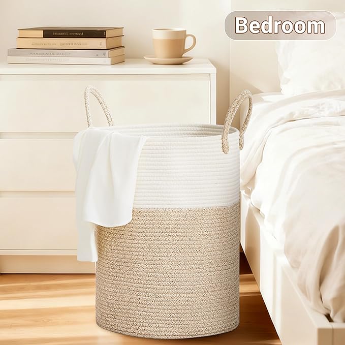 Tall Laundry Basket with Handles, 72L Portable Dirty Clothes Hamper, Boho Cotton Rope Storage Bin for Blankets Kids Toys Gifts, Large Organizer for Baby Nursery Bedroom Bathroom, Brown