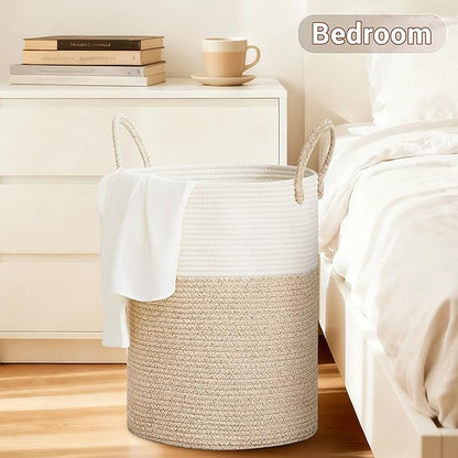 Tall Laundry Basket with Handles, 72L Portable Dirty Clothes Hamper, Boho Cotton Rope Storage Bin for Blankets Kids Toys Gifts, Large Organizer for Baby Nursery Bedroom Bathroom, Brown