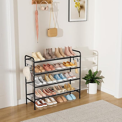 4-Tier Shoe Rack 33" Wide Metal Shoe Organizer Long Shoe Storage with 4 Side Hooks Sturdy Shoes Shelf for Closet, Front Door Entrance, Garage, Dorm, Black