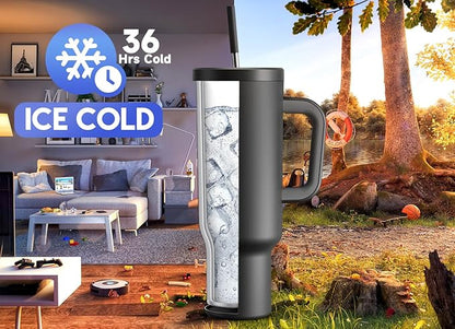 Meoky 50 oz Tumbler with Handle, Tumbler with Lid and Straw, Insulated Stainless Steel Travel Mug, 100% Leak-proof, Keeps Cold for 36 Hours or Hot for 12 Hours (Night)