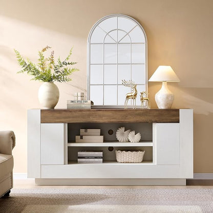 OKD Modern 70" TV Stand, Entertainment Center for TVs Up to 80", Media Console with Large Open Storage & Side Cabinets, Thick Wood Design for Living Room, Antique White