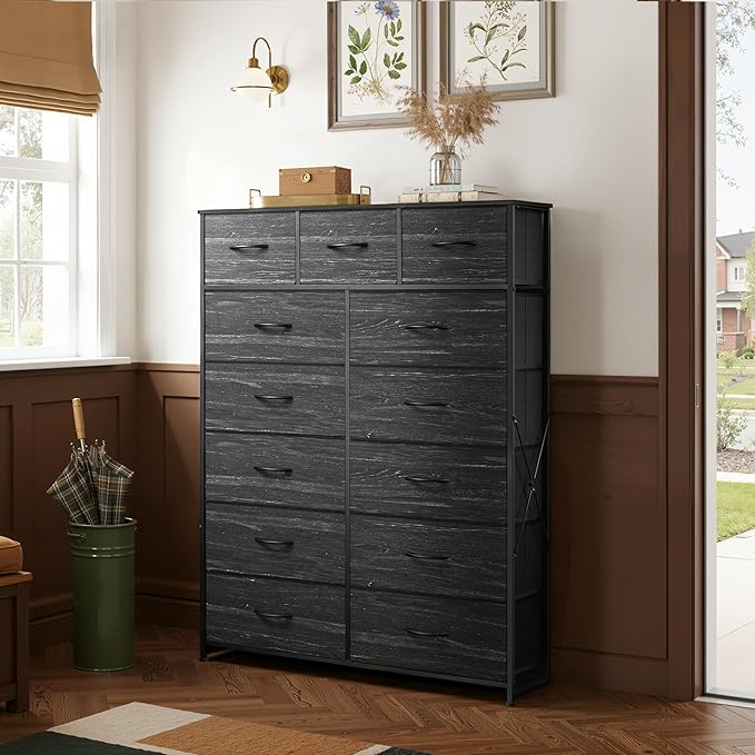 Tall Console Table with 13 Fabric Drawers, Entryway Table with Storage, Tall Storage Organizer with Wood Top, Steel Frame for Living Room, Hallway, Office, Charcoal Black Wood Grain Print