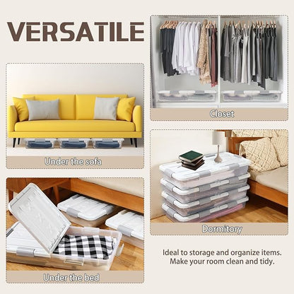 Beeveer 4 Pcs Plastic Under Bed Storage Container with Double Opening Lid Wheel Handle, Transparent Large Capacity Stackable Latching Festival Storage Bin for Closet Bedroom, 31.5x15.8x5.2 In(White)