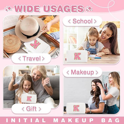 Small Personalized Initial A-Z Patch Makeup Bag,White Cute PU Leather Glitter Letter Cosmetic Bag for Teen Girls,Travel Toiletry Bag with Zipper,Preppy Monogrammed Birthday Gift for Daughter Niece K