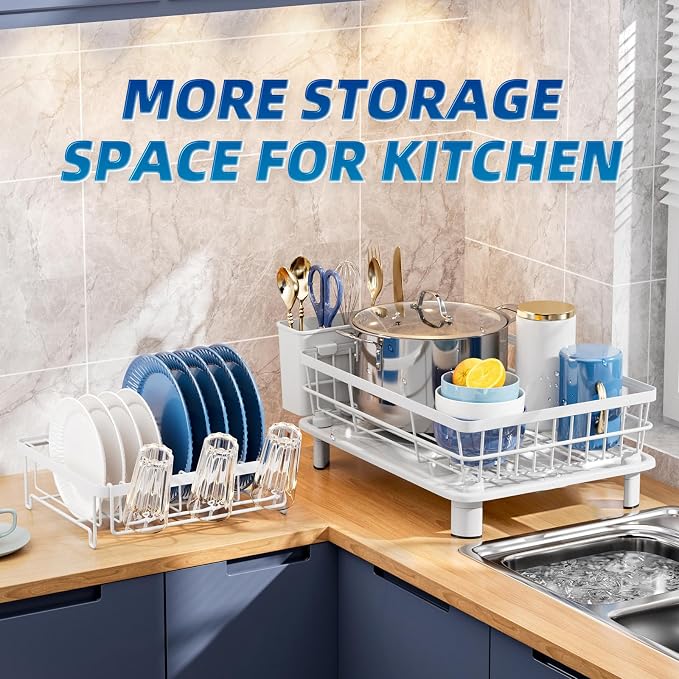 GAOKASE Dish Drying Rack, Stainless Steel-Dish Rack, Dish Racks for Kitchen Counter, Kitchen Dish Drainers with Removable Utensil Holder,New Drain Outlet,Plate Rack and Drainboard (White 3)
