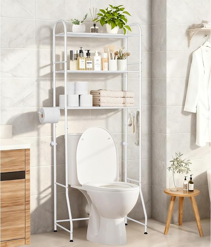 3-Tier Over The Toilet Storage Rack - Freestanding Bathroom Shelf Organizer with Toilet Paper Holder & 3 Hooks, Space-Saving Sturdy Rust-Resistant Design, 62" H White