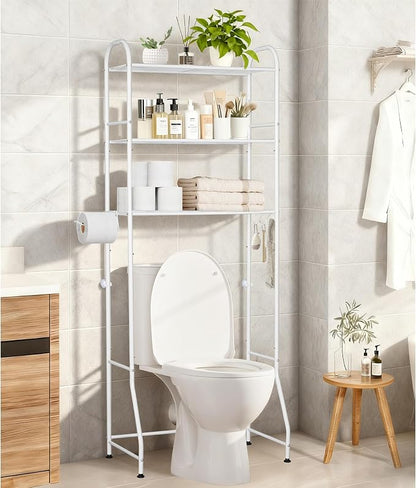 3-Tier Over The Toilet Storage Rack - Freestanding Bathroom Shelf Organizer with Toilet Paper Holder & 3 Hooks, Space-Saving Sturdy Rust-Resistant Design, 62" H White