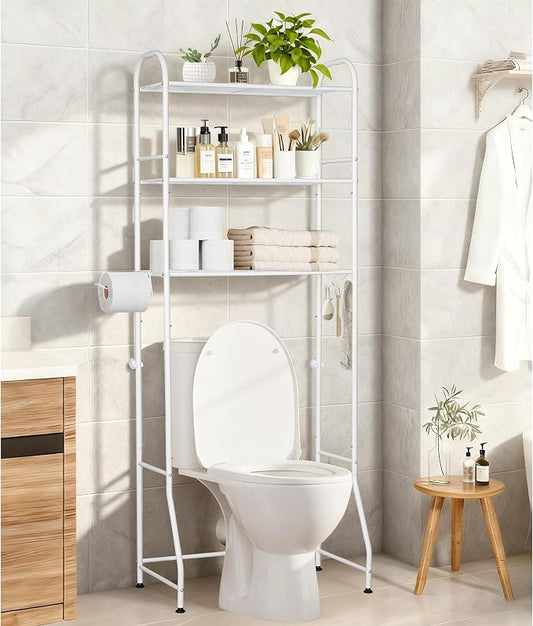 3-Tier Over The Toilet Storage Rack - Freestanding Bathroom Shelf Organizer with Toilet Paper Holder & 3 Hooks, Space-Saving Sturdy Rust-Resistant Design, 62" H White