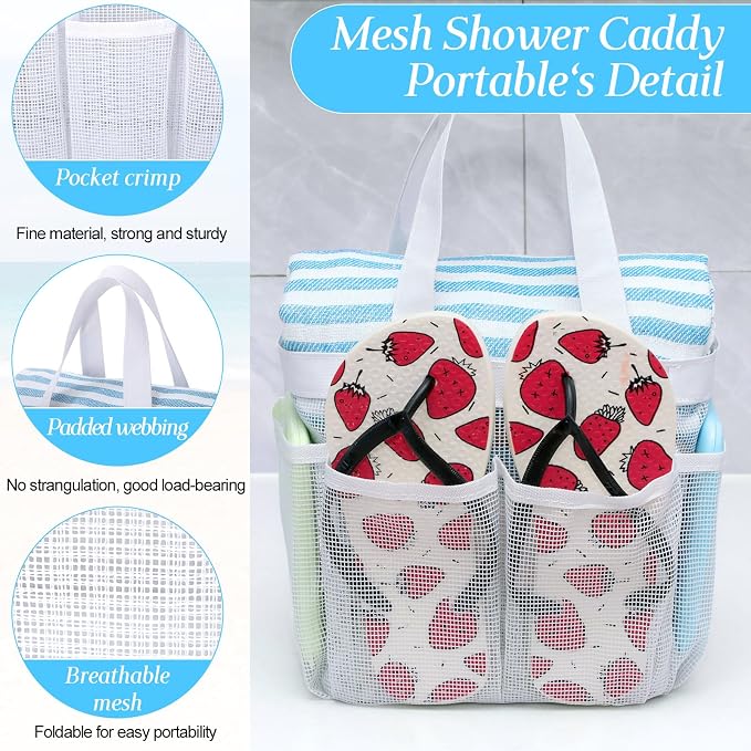 Hillban 4 Pcs Mesh Shower Caddy Portable Shower Caddy for Dorm Beach Mesh Bags with Deeper 8 Pockets and Handles Showers Caddies Basket for Women College Room Vacation(White)
