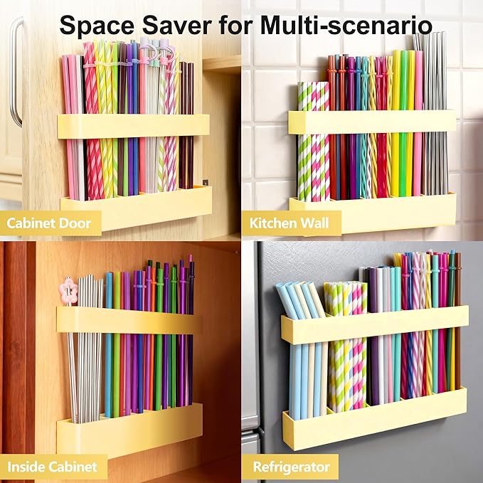 Straw Holder for Cabinet Door, 9.6” Adjustable Two-Part Large Acrylic Straws Organizer with Ultra Sticky Adhesive Strips, 2025 Reusable Straw Storage for Kitchen Cupboard (Milky Yellow)