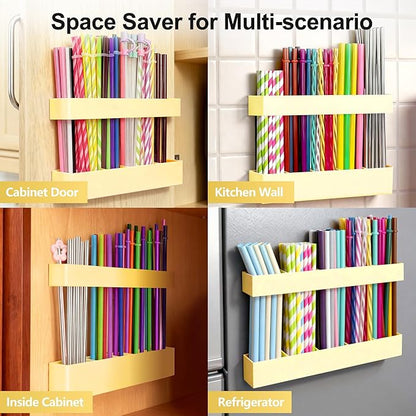 Straw Holder for Cabinet Door, 9.6” Adjustable Two-Part Large Acrylic Straws Organizer with Ultra Sticky Adhesive Strips, 2025 Reusable Straw Storage for Kitchen Cupboard (Milky Yellow)