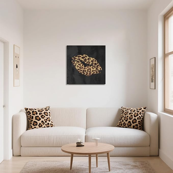 Fashion Lip Canvas Wall Art Sexy Leopard Lip Wall Decor Cheetah Print Room Decor Framed Picture Artwork for Bedroom Bathroom Dressingroom 32x32Inch
