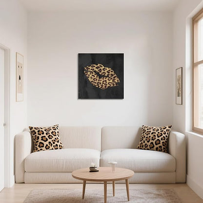 Fashion Lip Canvas Wall Art Sexy Leopard Lip Wall Decor Cheetah Print Room Decor Framed Picture Artwork for Bedroom Bathroom Dressingroom 32x32Inch