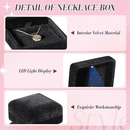 Yinkin 12 Pcs Black Velvet Jewelry Boxes LED Light Display Ring Necklace Bracelet Chain Gift Box Bulk Wedding Proposal Anniversary(Small Pendant Box,Square)