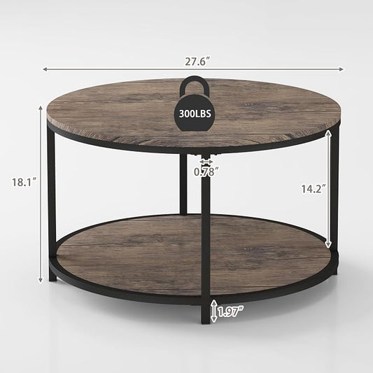NSdirect Round Coffee Table, 27.5" Small Coffee Table for Living Room,2-Tier Rustic Wood Desktop with Storage Shelf Modern Design Home Furniture(Light Walnut)