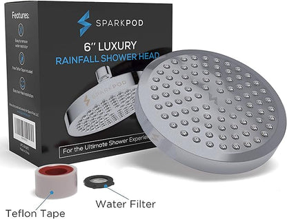 SparkPod Rain Shower Head, 6 Inch Round | High Pressure Shower Heads, 90 Nozzle (Touch-to-Clean), Adjustable Showerhead, No-tool Universal Connection