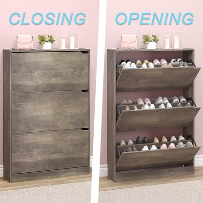 BORNOON Shoe Cabinet with 3 Flip Drawers, Hidden Wood Shoe Cabinet,Freestanding Shoe Storage Cabinet for Entryway Hallway
