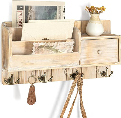 Rebee Vision Pine Wood Key Holder Wall Mount with Mail Sorter - Decorative Entryway Mail Organizer Wall Mounted with Key Hooks and Drawer Organizer - Home Essentials for Room Decor (Natural Wood)