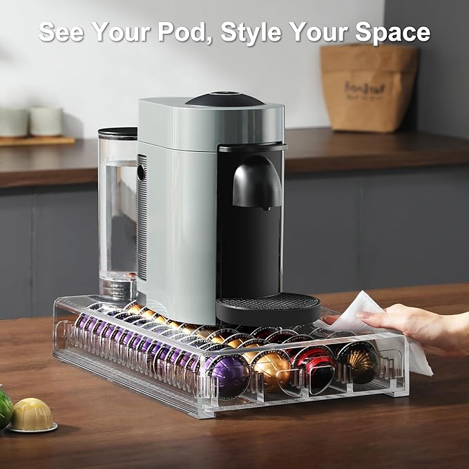 Coffee Pod Drawer Organizer for Nespresso Vertuo Pods,Acrylic Coffee Pod Holder Holds 40 Large or 60 Small Capsules or 28 K-Cups,Pull-Out Drawer with Anti-Slip Base for Home & Coffee Station,Crystal