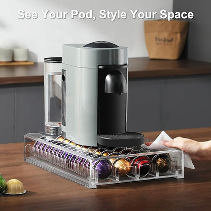 Coffee Pod Drawer Organizer for Nespresso Vertuo Pods,Acrylic Coffee Pod Holder Holds 40 Large or 60 Small Capsules or 28 K-Cups,Pull-Out Drawer with Anti-Slip Base for Home & Coffee Station,Crystal