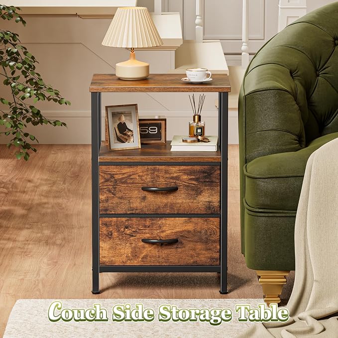 Huuger Night Stand Set 2, Nightstand with 2 Drawers, Bed Side Table with Open Shelf, Wooden Top, End Table, Fabric Drawer, for Bedroom, Rustic Brown
