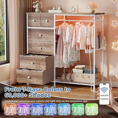 OLIXIS 6 Storage for Bedroom with Hanging Rack with LED Lights & Charging Station, Fabric Chest of Storage with Rack, Wooden Top, for Home Living Room Entryway Brown
