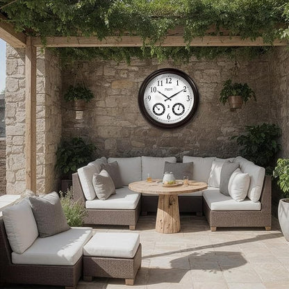 20" Evander Large Outdoor Atomic Wall Clock with Temperature & Humidity, Waterproof Outdoor Clock Thermometer Combo for Patio, Pool and Garden Decor,Oil Rubbed Bronze Black