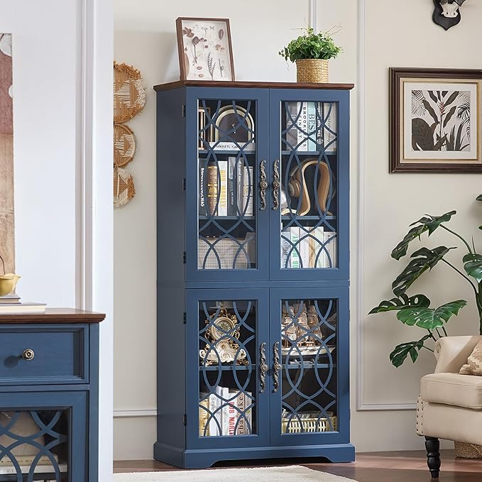 67" Tall Pantry Cabinet Set of 3, Vintage Kitchen Pantries Cabinets with Glass Doors & Adjustable Shelves, Wood Cupboard with Large Storage for Dingning Room, Bathroom, Navy Blue