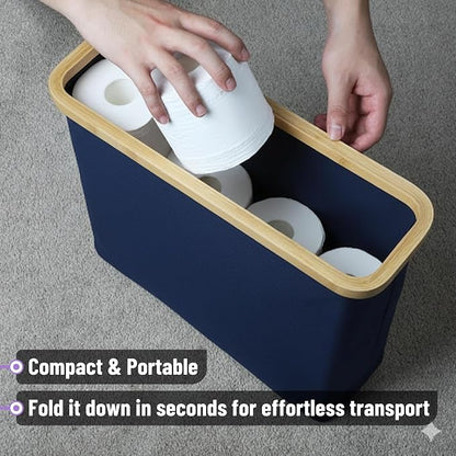BAMBOO LAND- Toilet Paper Storage with Bamboo Lid for 12 Rolls, Dark Blue, Waterproof Bamboo Toilet Paper Holder Basket