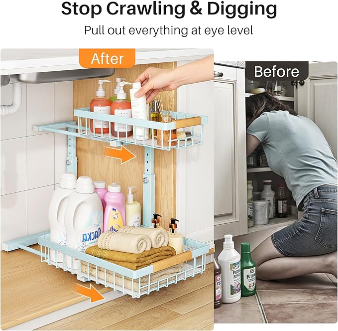 PXRACK Under Sink Organizer, Adjustable Height, 2 Tier Pull Out Under Cabinet Organizer, Slide Out Thickened Metal Under Sink Storage for Kitchen Bathroom Laundry Pantry Cabinet, Blue, Large-1-Pack
