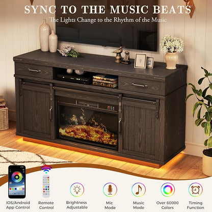 Jocoevol Fireplace TV Stand for TVs up to 65", Electric Fireplace with 3D Flame, Farmhouse LED Light Entertainment Center TV Console with with 2 Drawers, Sliding Barn Door for Living Room - Black