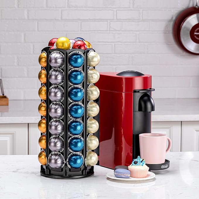 FlagShip Coffee Pod Holder for Nespresso Vertuoline,Rotating Carousel with Extra Top Space Holds 80+ Pods,Prefect fit all size Vertuo Pods,No Assembly Required Black Metal for Nespresso Pod Storage