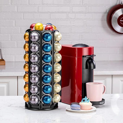 FlagShip Coffee Pod Holder for Nespresso Vertuoline,Rotating Carousel with Extra Top Space Holds 80+ Pods,Prefect fit all size Vertuo Pods,No Assembly Required Black Metal for Nespresso Pod Storage
