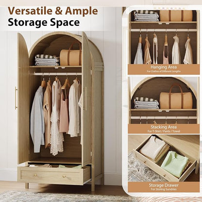 VINGLI Arched Wardrobe Closet Armoire with Drawer, 70" Tall Wooden Wardrobe Closet,Clothing Storage Cabinet, Large Capacity Storage, Natural Oak
