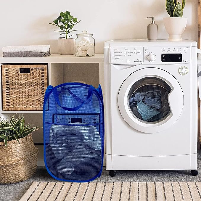 Larpur Mesh Laundry Basket, Pop up Laundry Hamper with Handles, Collapsible Clothes Basket for Travel, College, Dorm, Royal Blue