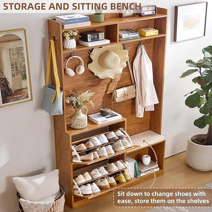 LEYAOYAO 78" Tall Boho Hall Tree with Bench & Shoe Storage, 4-in-1 Mudroom Coat Rack with 2 Flip Rattan Drawers & Cushioned Stool, Entryway Hall Tree Cabinet with 6 Hooks for Garage, Tea Brown